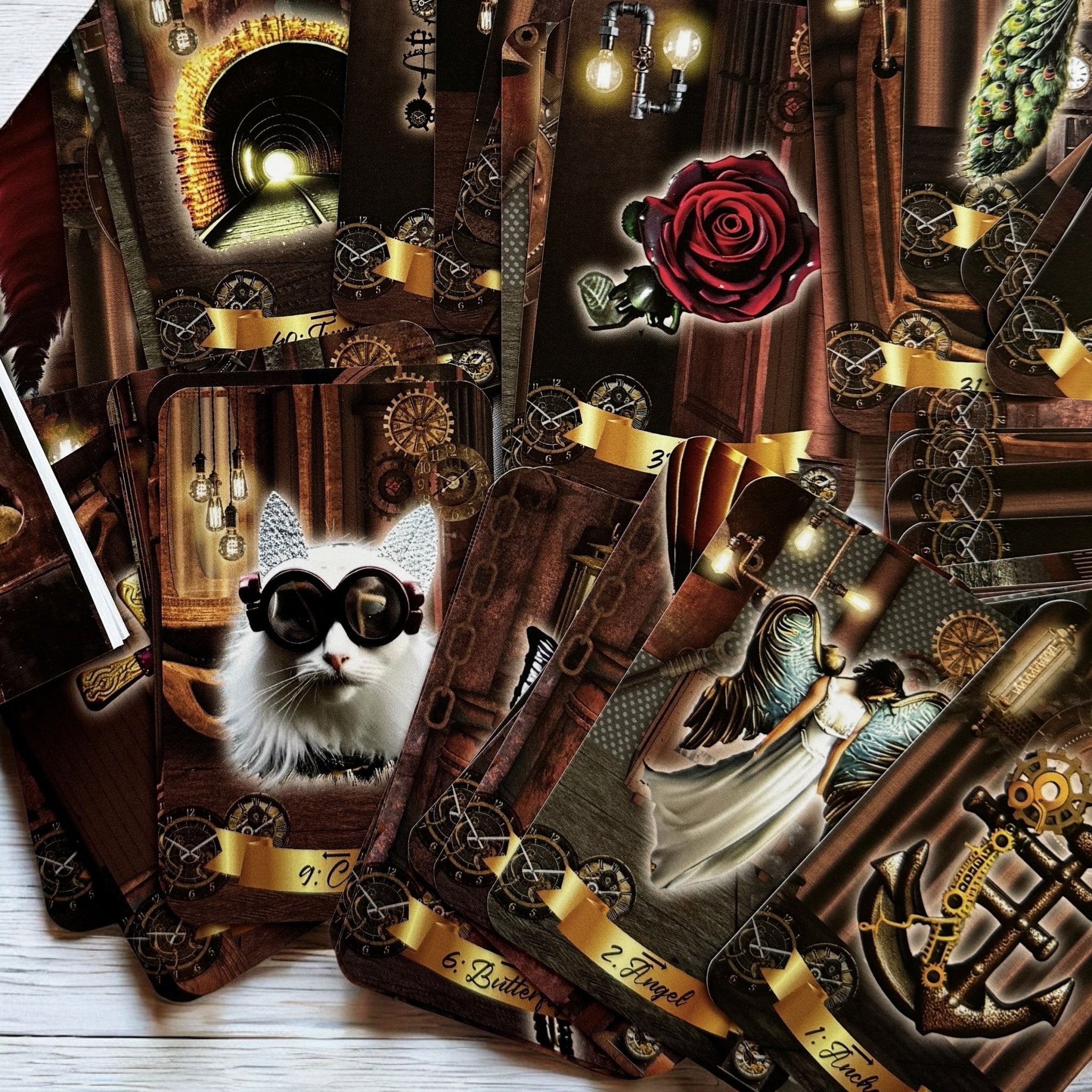 A beautifully designed deck titled "There is Always Time for Tea" with warm brown tones and subtle clock motifs, displayed alongside a soft cotton bag.  