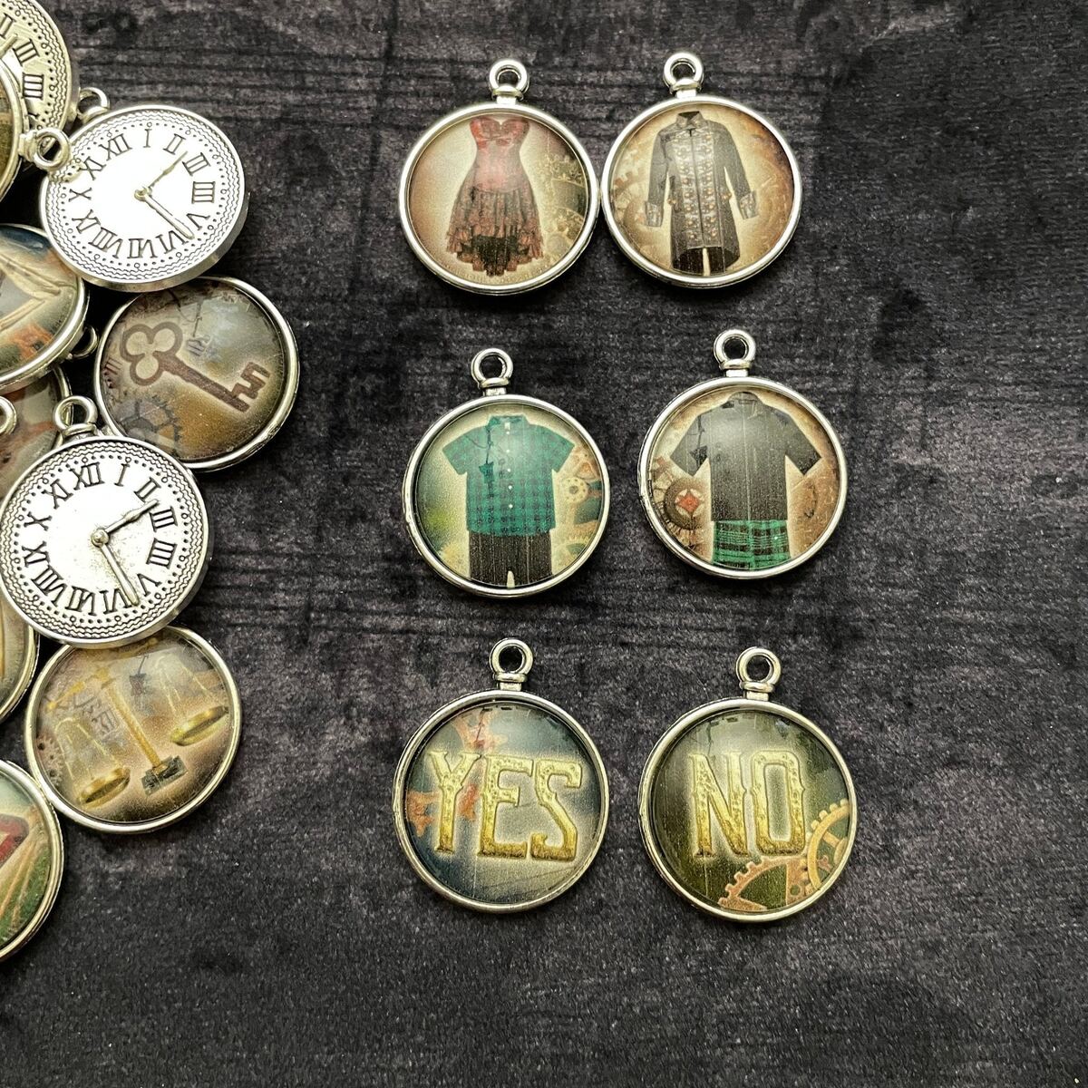 Steampunk tea leaf reading coin set displayed on a flat surface