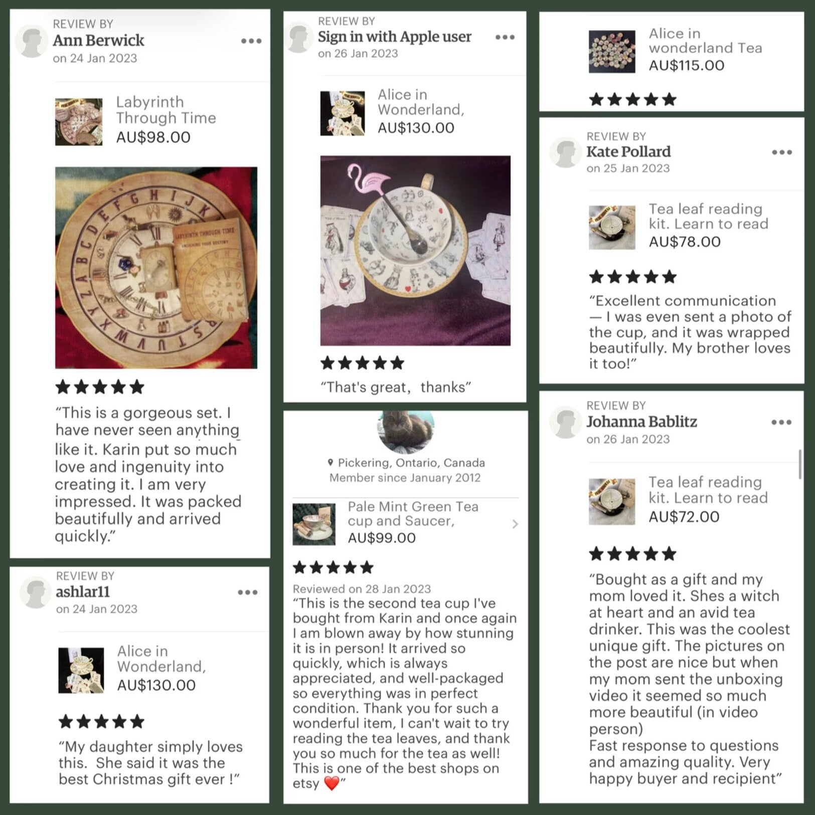 Customer reviews and five-star testimonials for the Major Arcana tarot charm casting coins and other Tea With Karin divination products