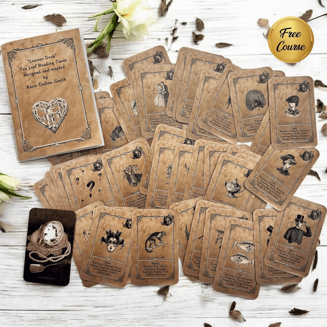 Learner Deck Tea leaf reading cards.  Bridge card size oracle reading cards similar to Lenormand. Comes with detailed booklet and a free online video course.