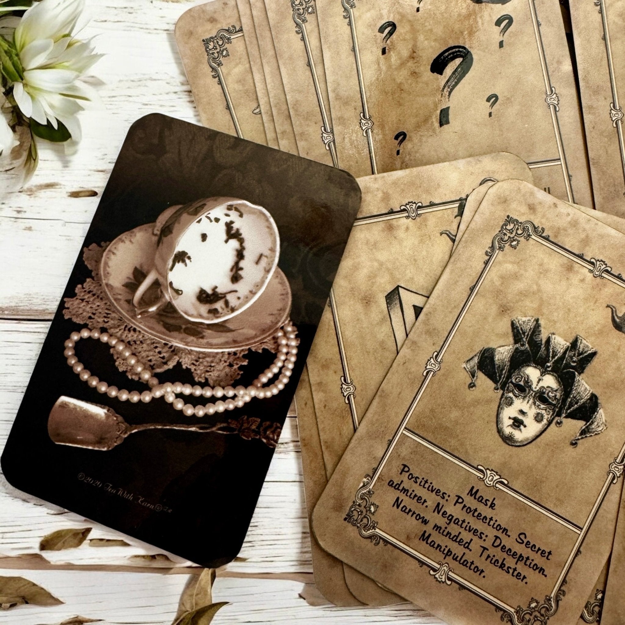 Learner Deck Tea leaf reading cards.  Bridge card size oracle reading cards similar to Lenormand. Comes with detailed booklet and a free online video course.