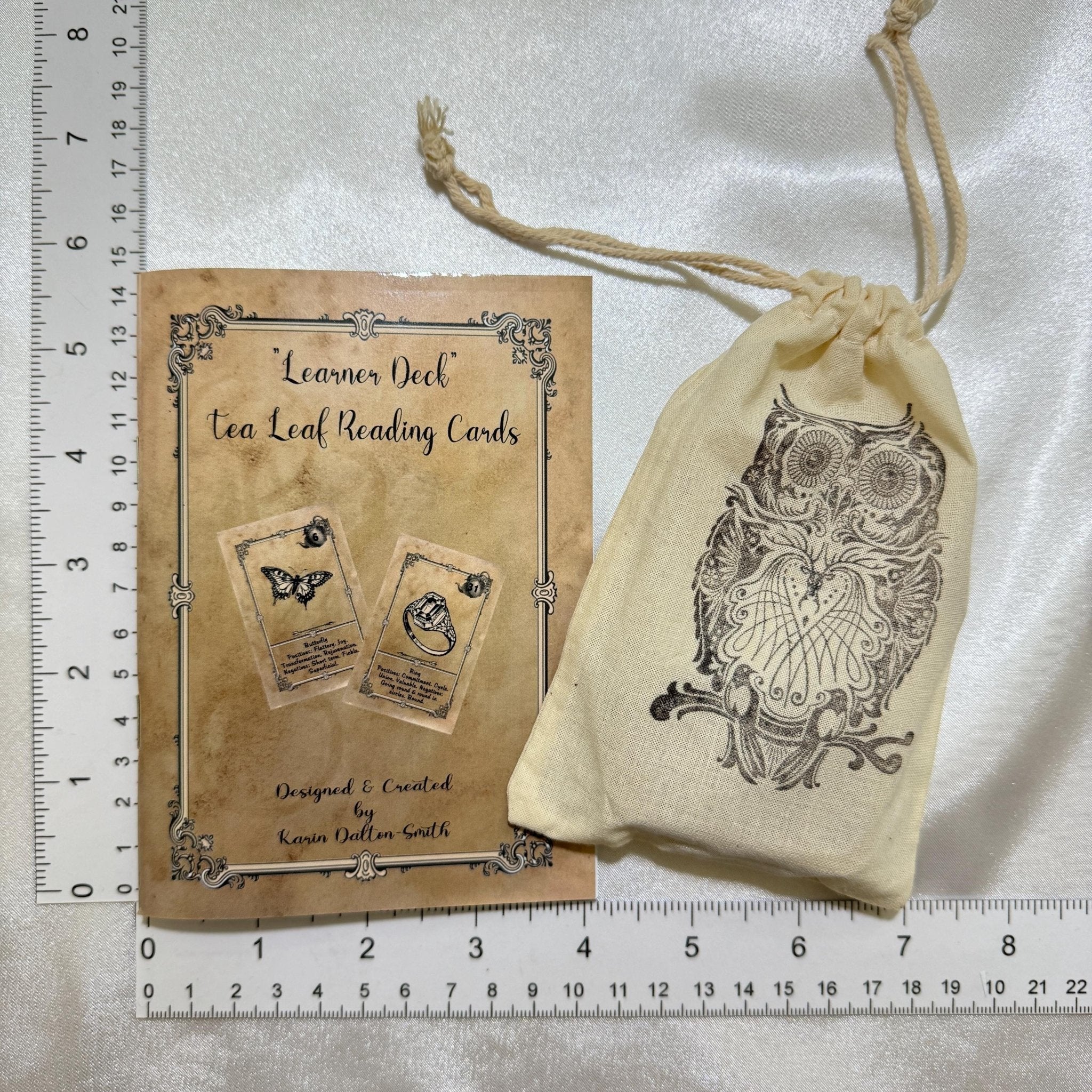 Learner Deck Tea leaf reading cards.  Bridge card size oracle reading cards similar to Lenormand. Comes with detailed booklet and a free online video course.