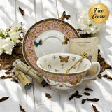 Luxury gold-accented teacup with permanent symbols inside, perfect for tea leaf reading and divination, curated by Karin in her home studio