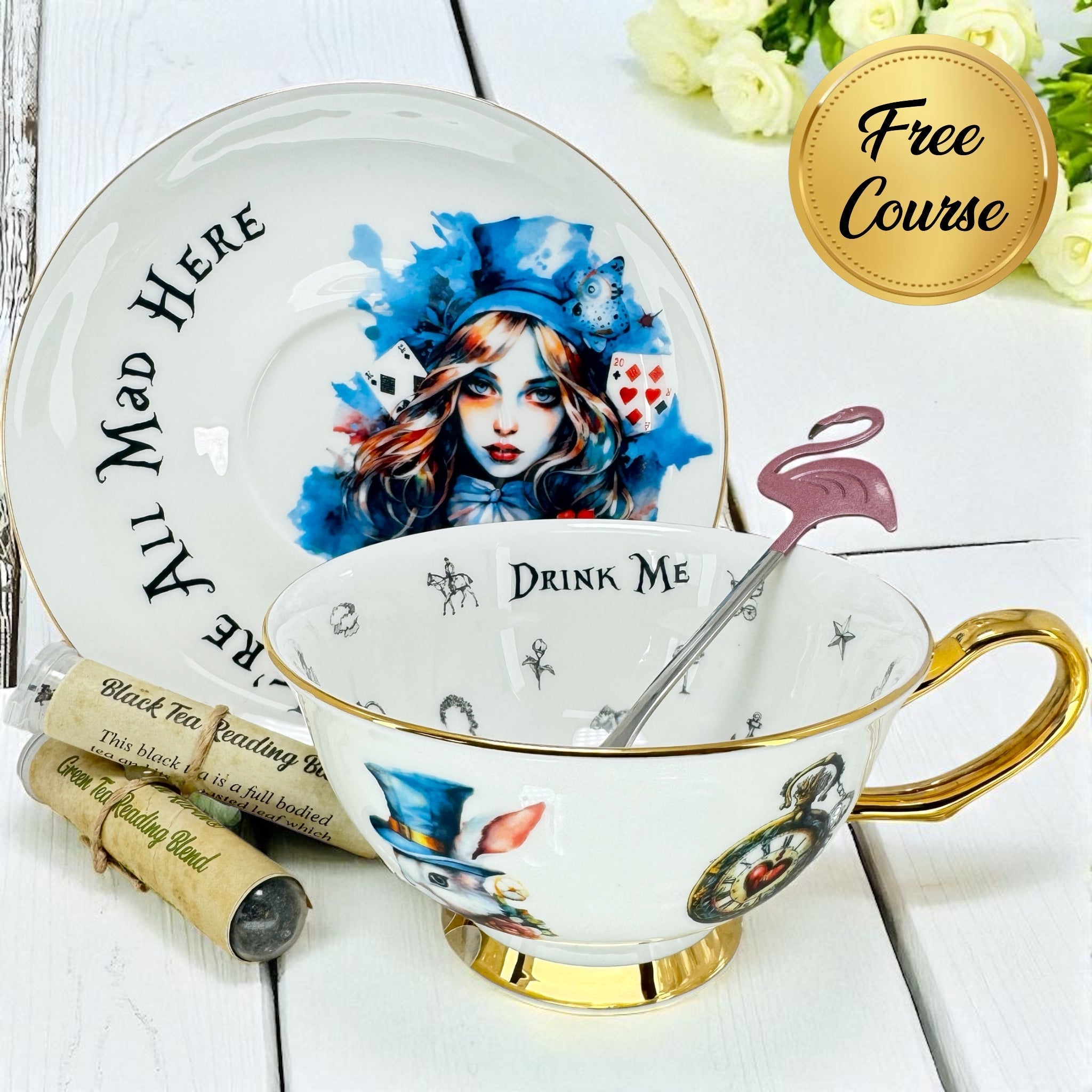 Alice in Wonderland bone china teacup with gold rim and tea leaves for divination.