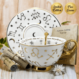 White Zodiac Tea Leaf Reading Cup and Saucer with 24kt gold and 32 tasseography symbols