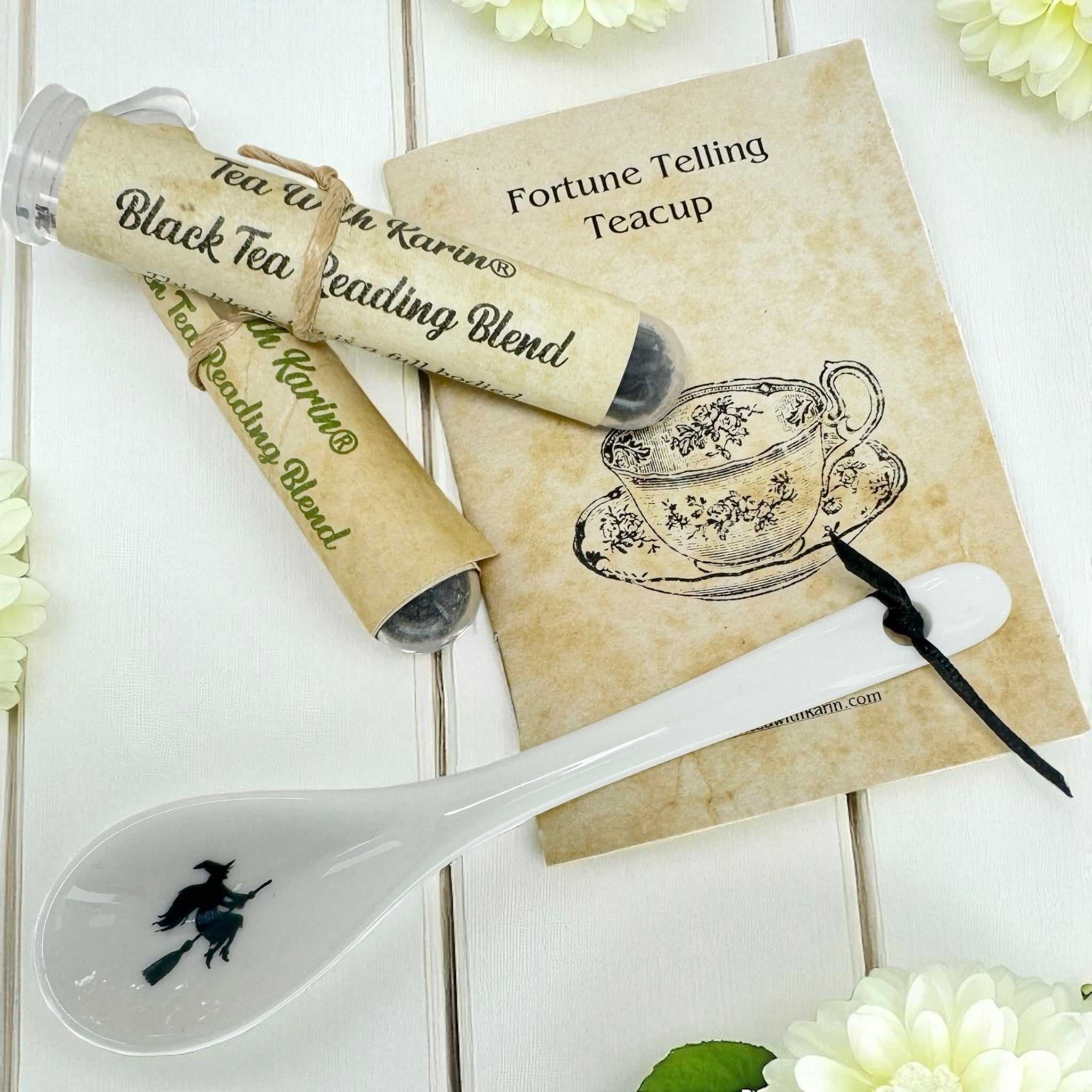 Witches Brew Tea Leaf Reading Teacup Set 227 – Complete white bone china witches brew tea leaf reading set with free online course access