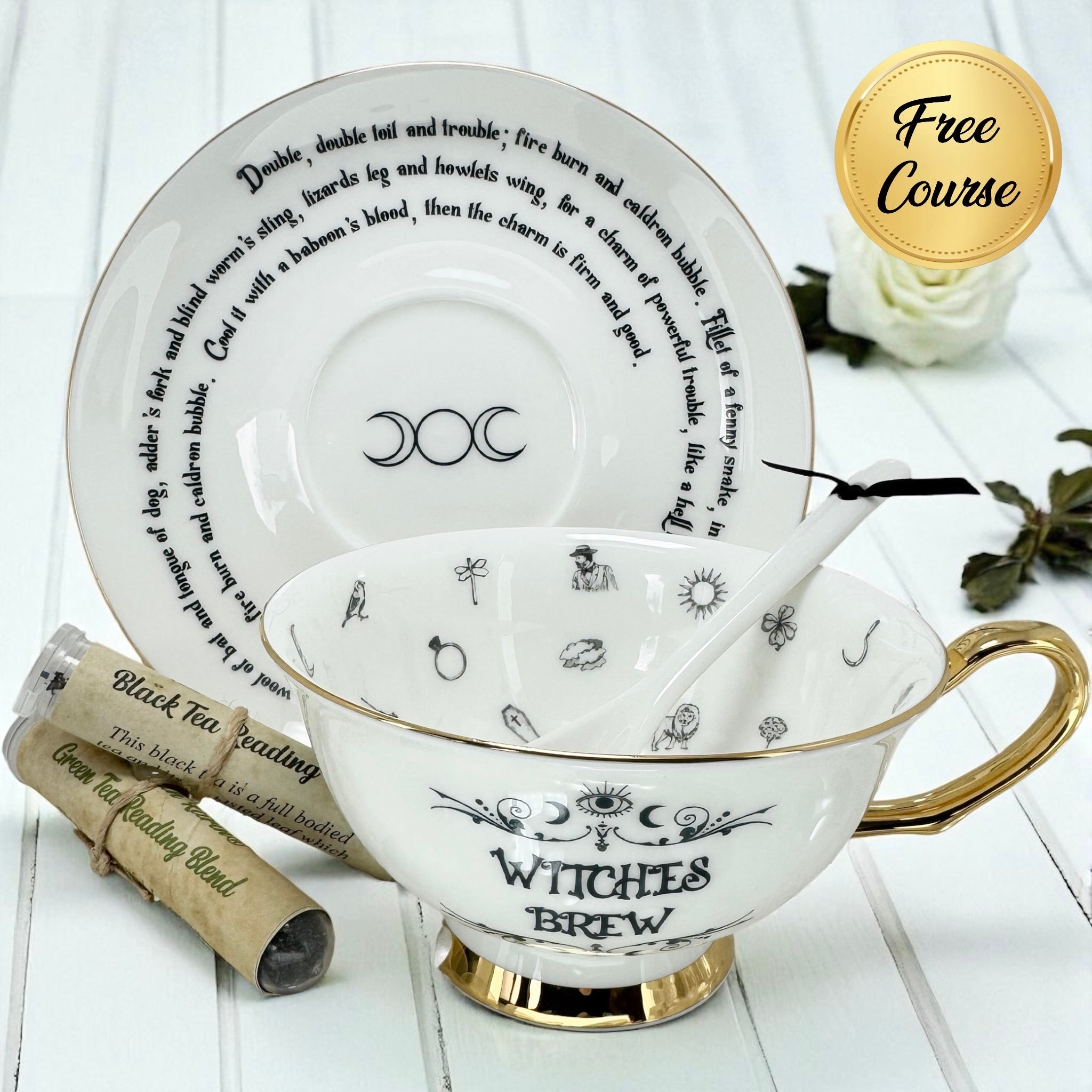 White Witches Brew Fortune Telling Teacup with clear symbolic design for easy tea leaf reading.