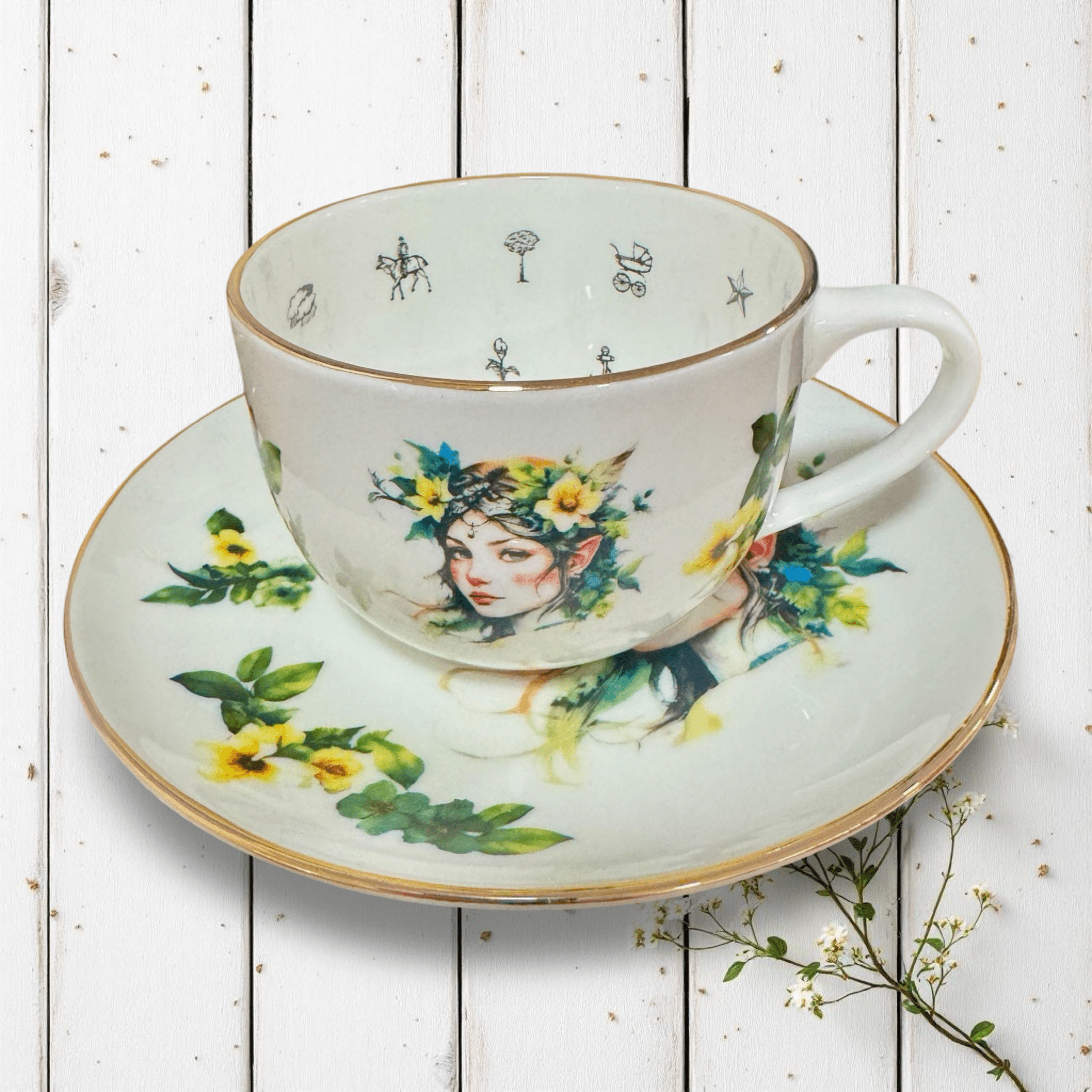 Woodland Fairy Elf Tea Reading Set — side view of gold tasseography teacup and saucer showing fairy elf portrait with Lenormand symbols around rim on white wooden surface | Tea Leaf Reader