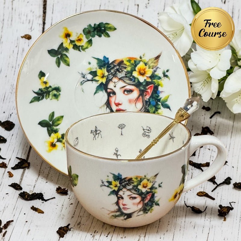 Woodland Fairy Elf Tea Reading Set — gold tasseography teacup and saucer with elf portrait and yellow floral design with crystal spoon on white wooden surface | Tea Leaf Reader