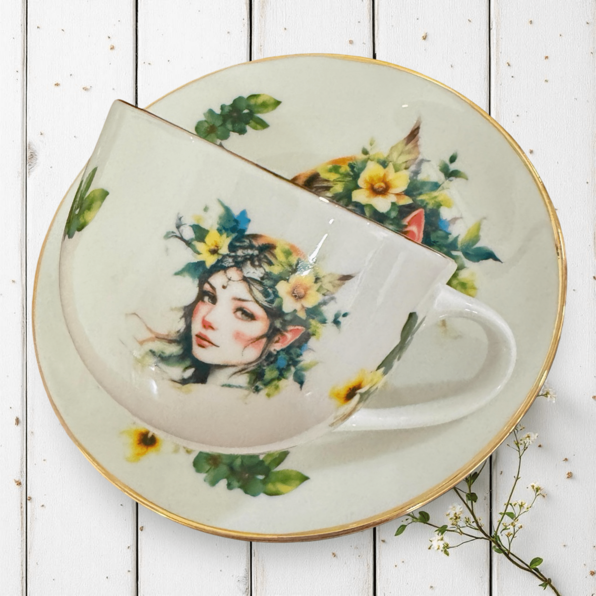 Woodland Fairy Elf Tea Reading Set — angled top view of gold tasseography teacup showing fairy elf portrait on floral saucer on white wooden surface | Tea Leaf Reader