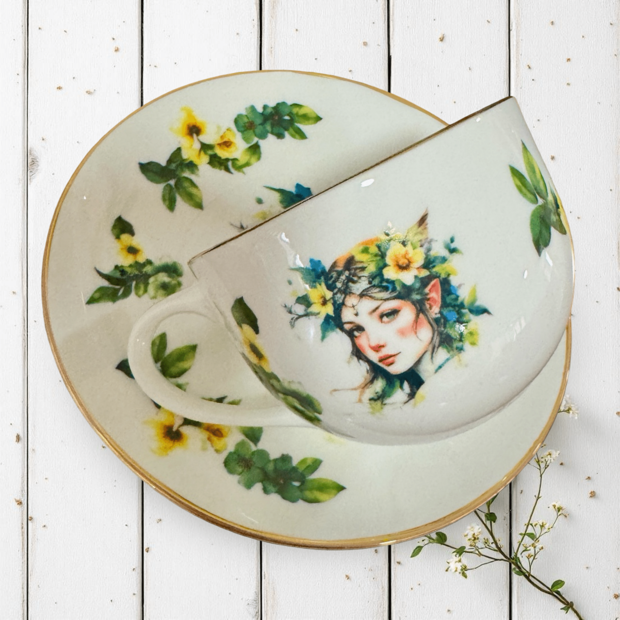 Woodland Fairy Elf Tea Reading Set — flat lay top view of gold tasseography teacup in saucer showing elf portrait and yellow floral design on white wooden surface | Tea Leaf Reader