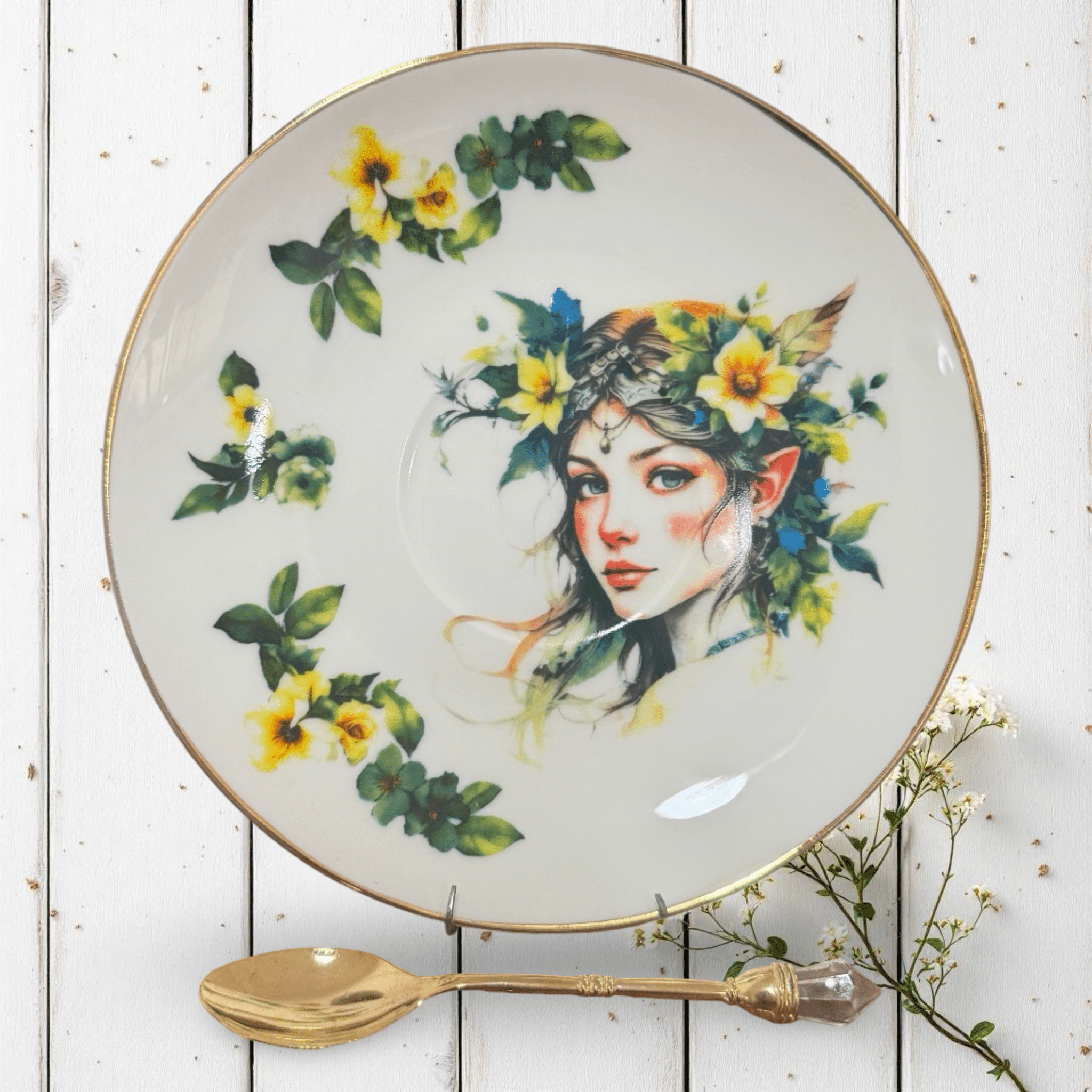 Woodland Fairy Elf Tea Reading Set — flat lay of gold tasseography saucer showing fairy elf portrait with yellow floral design and gold spoon on white wooden surface | Tea Leaf Reader