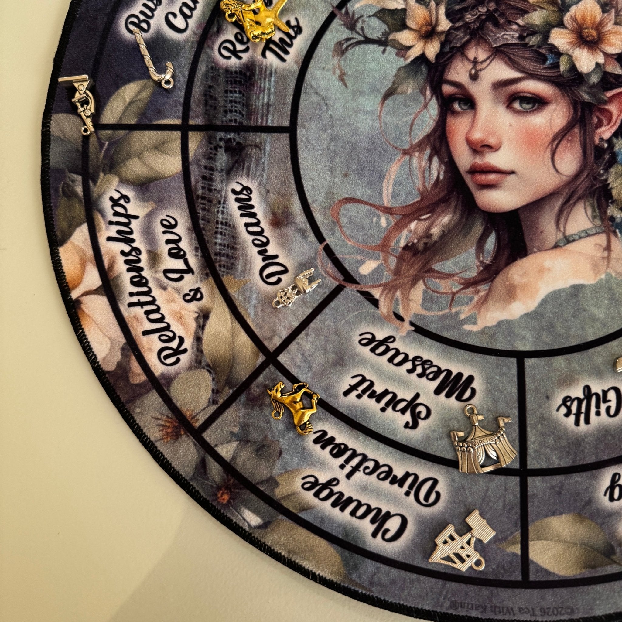 Close up of Health and Wellbeing and Spirit Message sectors with gold cross and silver circus tent charms.