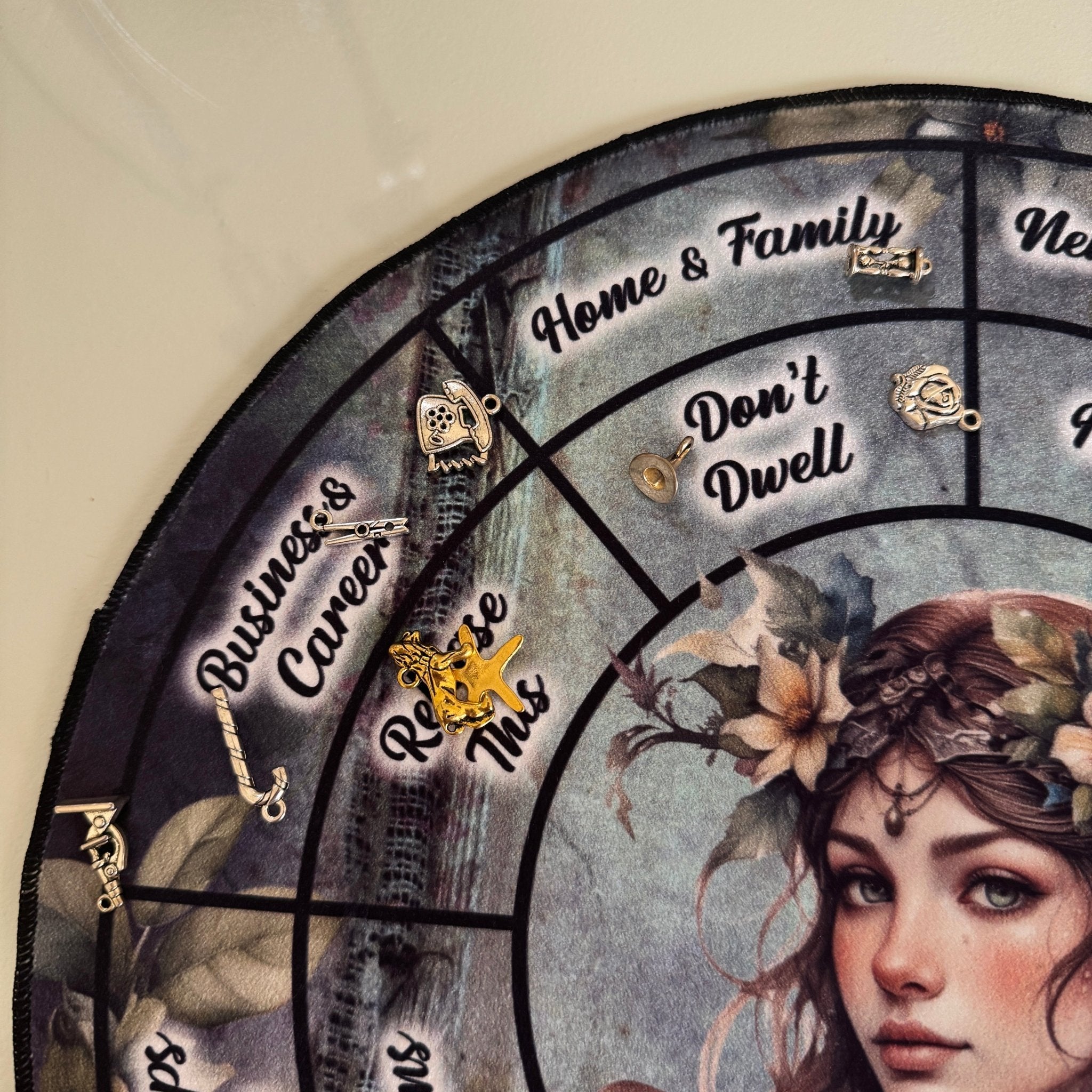 Detail of Business and Career and Home and Family sectors with silver telephone and hourglass charms.