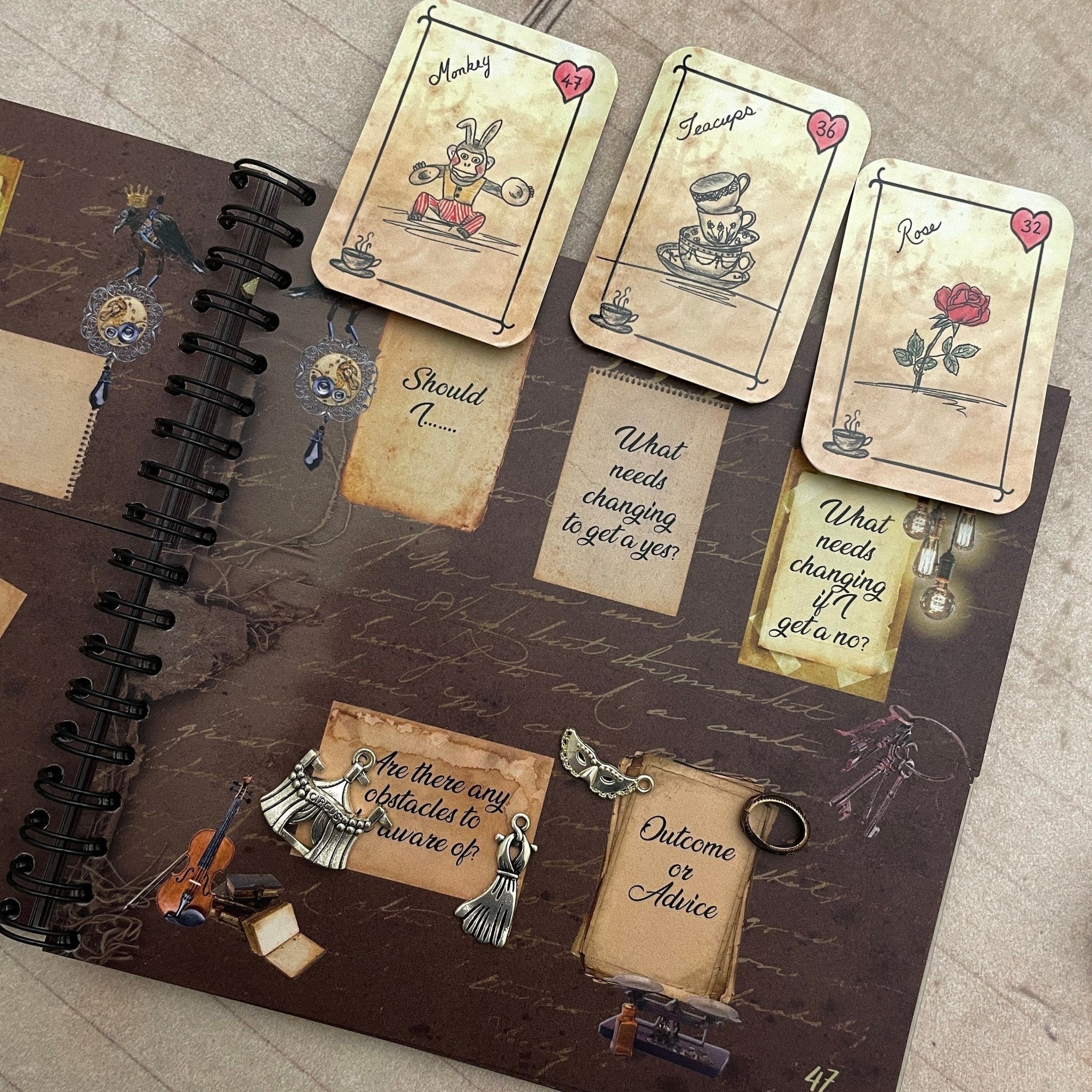 Close-up of Divination Divided book page with example oracle layout template