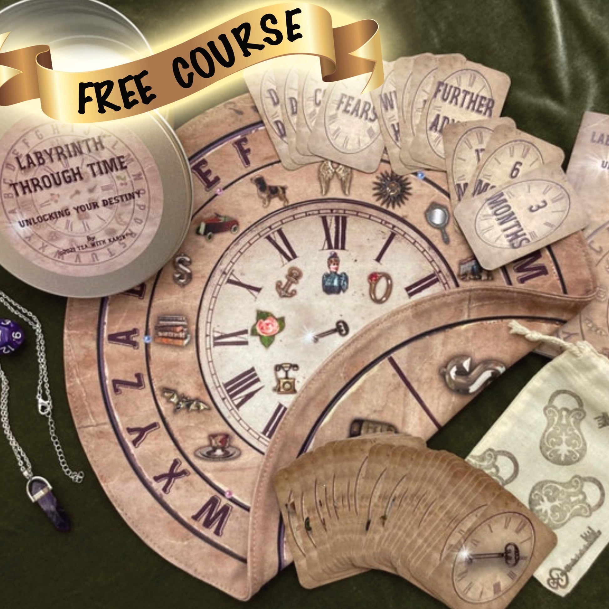 6 Divination tools in one kit. Labyrinth Through Time is a creative idea of Karin dalton-Smith or Tea With Karin in Melbourne, Australia. It is used to connect to loved ones in spirit, mediumship as well as look in the fortune. Great gift idea