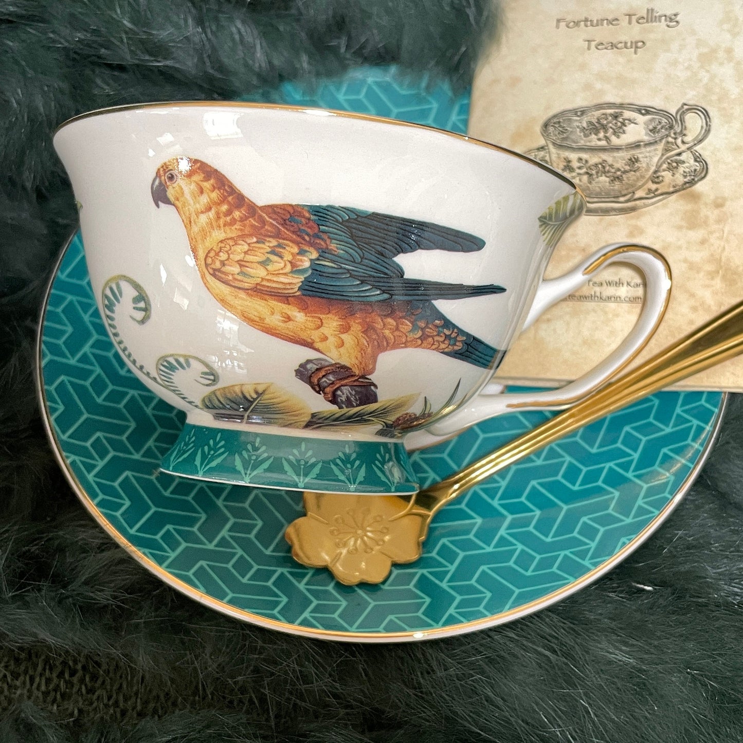 Fortune teller teacup in aqua blue colour with a pheasant pictured on the teacup. Fortuneteller tea cup are easy to use so make your tea and drink it and you read the images where the tea lands from the booklet provided. Free gift of gold teaspoon.