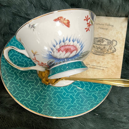 Fortune teller teacup in aqua blue colour with a pheasant pictured on the teacup. Fortuneteller tea cup make great birthday gifts and something no one else would think of.