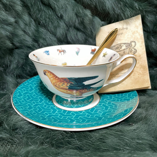 Fortune teller teacup in aqua blue colour with a pheasant pictured on the teacup. Fortuneteller tea cup are used as a divination tool to forecast your future. Just like using tarot cards.