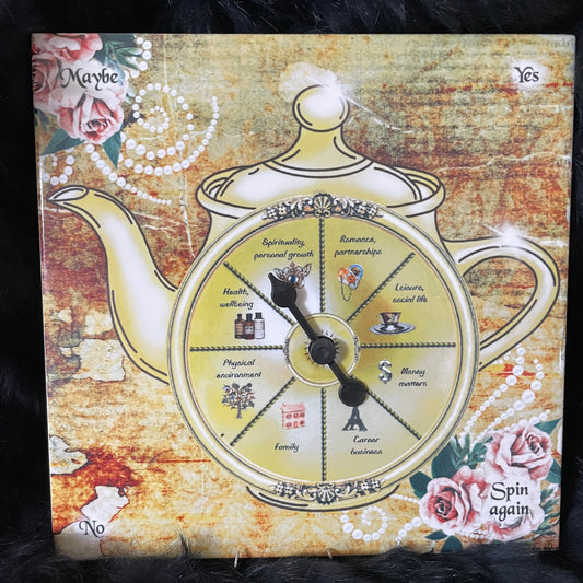 Tile teapot spinner which is used for divination using charms, oracle cards, tarot reading decks. Can be used with a pendulum.