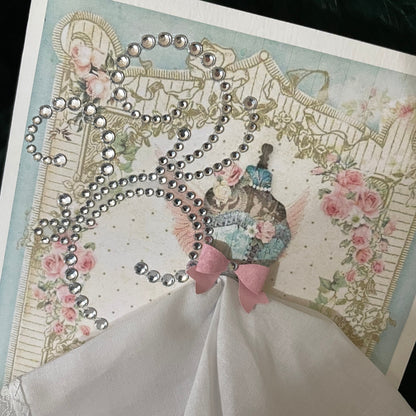 Beautiful handmade greeting card for a special lady. The dress is a ladies handkerchief to use by simply pulling on her dress to use it. Perfect all in one gift and card together.