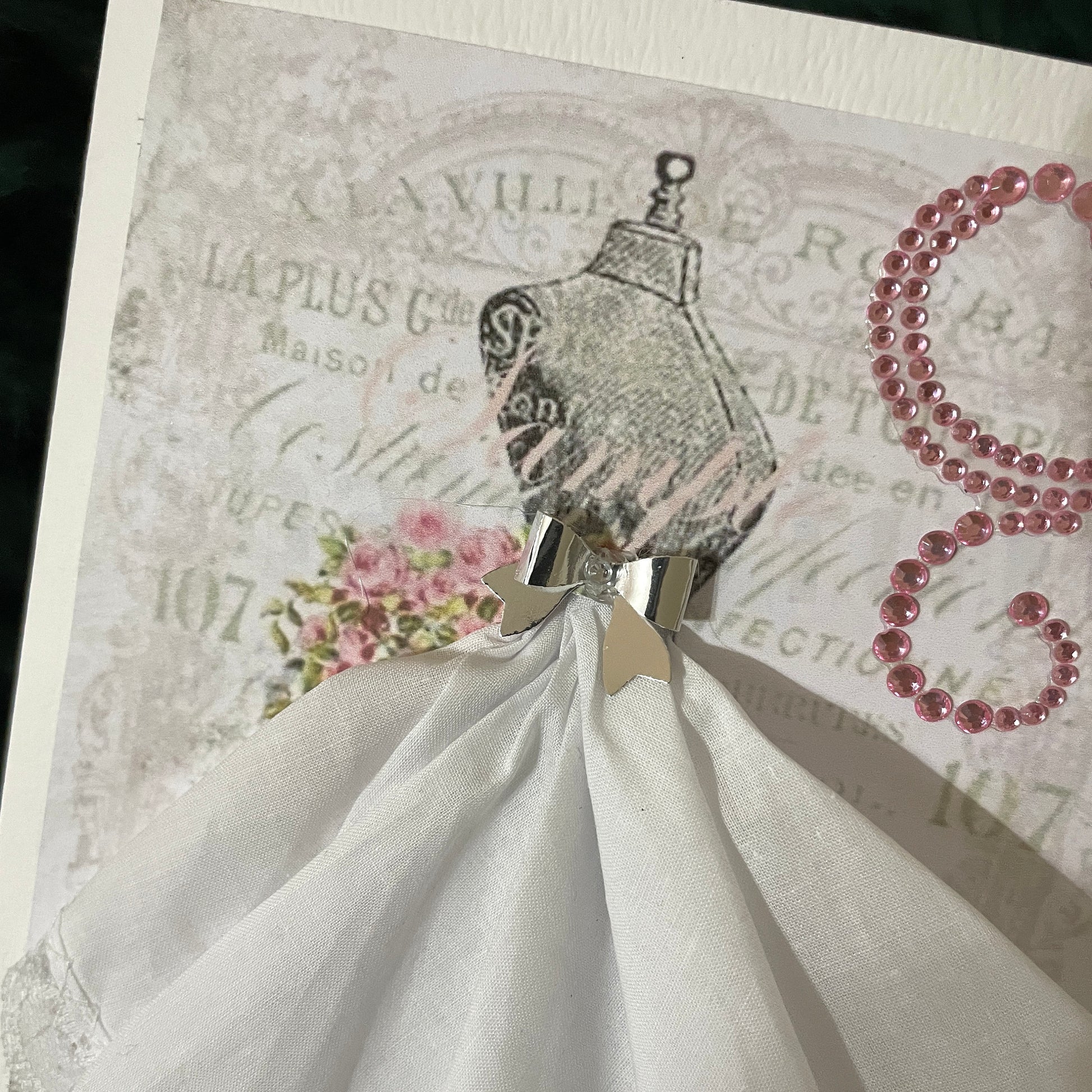 Beautiful handmade greeting card for a special lady. The dress is a ladies handkerchief to use by simply pulling on her dress to use it. Perfect all in one gift and card together.