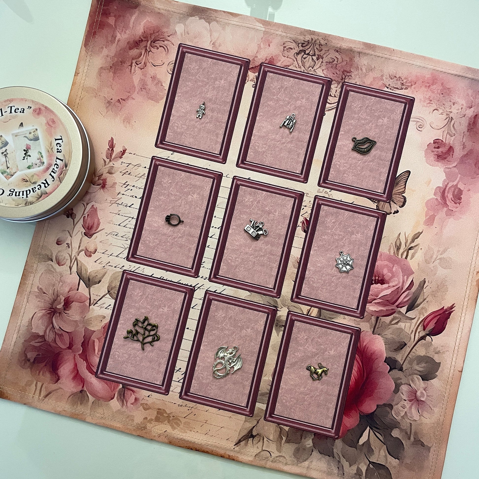 Pink Rose 9 Box Charm casting mat Oracle Cards *gift for her Tarot Lenormand *gift Readings Runes Bone Casting Cloth