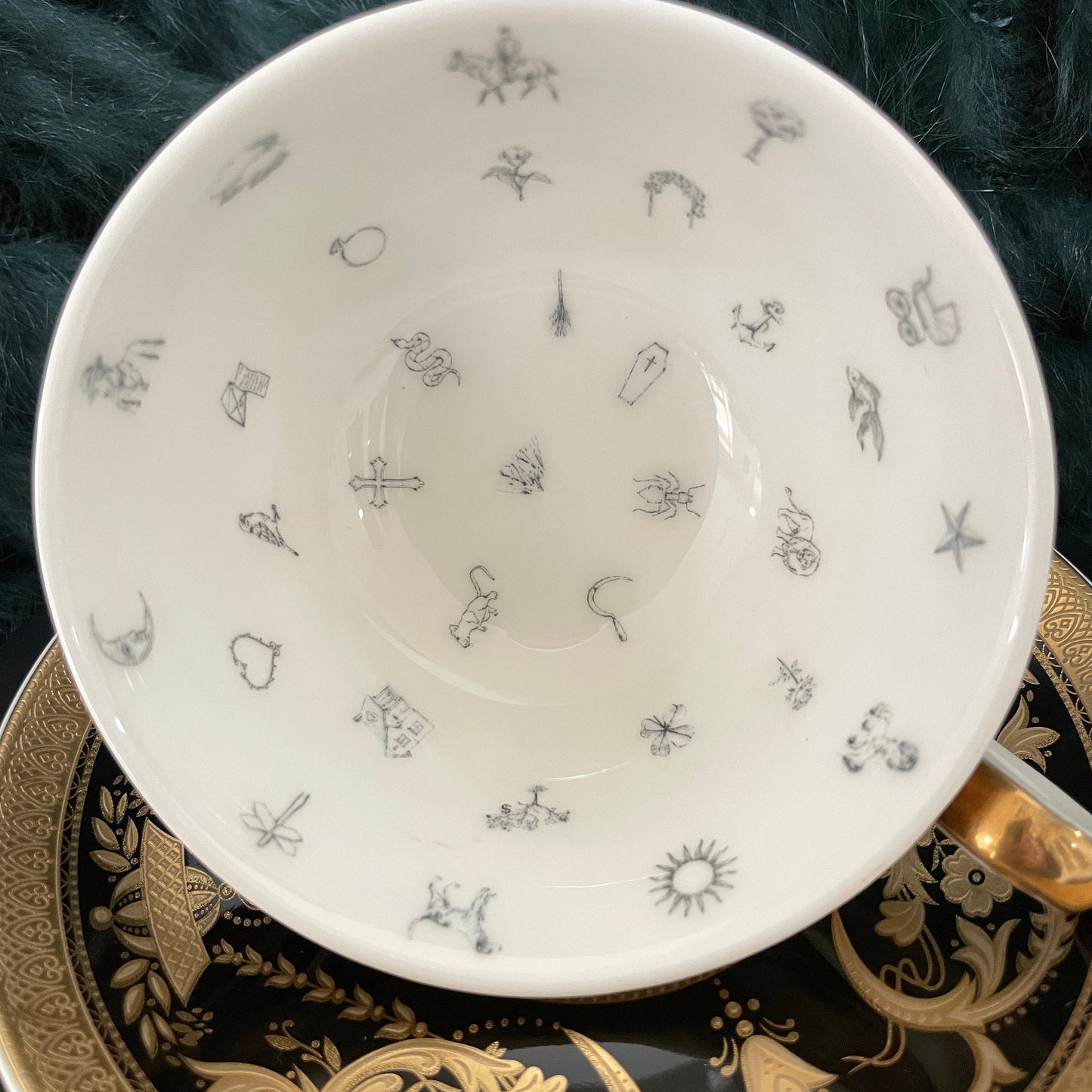Black and embossed real gold tea cup and saucer set. Tea cup and saucer set. FREE course on Tea leaf reading. Fortuneteller.