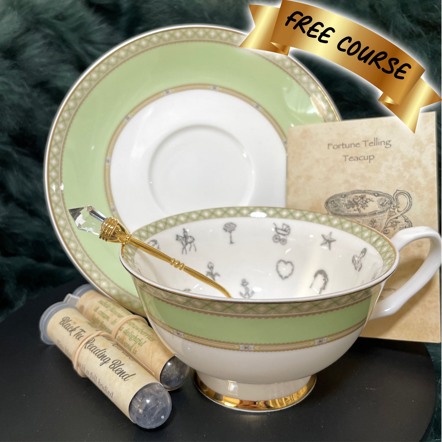 Light green classic tea cup and saucer set. Tea cup and saucer set. FREE course on Tea leaf reading. Fortuneteller.