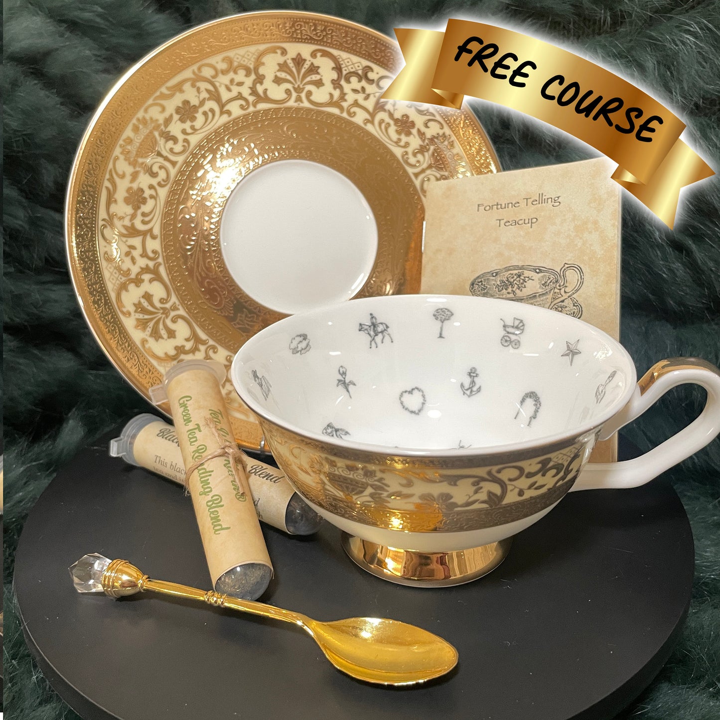 Cream and embossed gold tea cup and saucer set. Teacup and saucer set. FREE course Tea leaf reading.