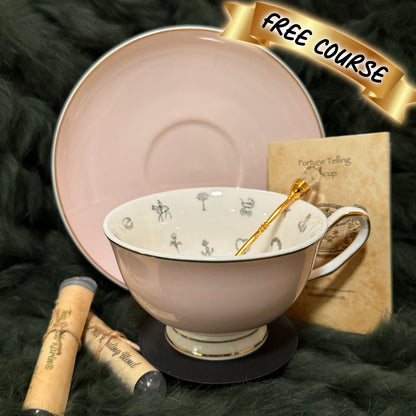This is a pale pin k teacup and saucer set. It is a lovely pale pink colour and has 32 tea leaf reading images permanently fired inside the teacup. Remove the guess work out of tea leaf reading. Perfect gift for Mom, friend or loved one.