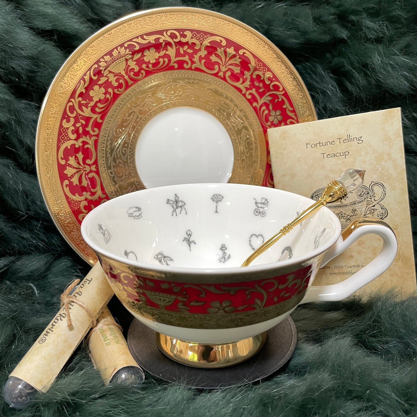Red embossed gold tea cup and saucer set. Teacup and saucer set. FREE course Tea leaf reading.