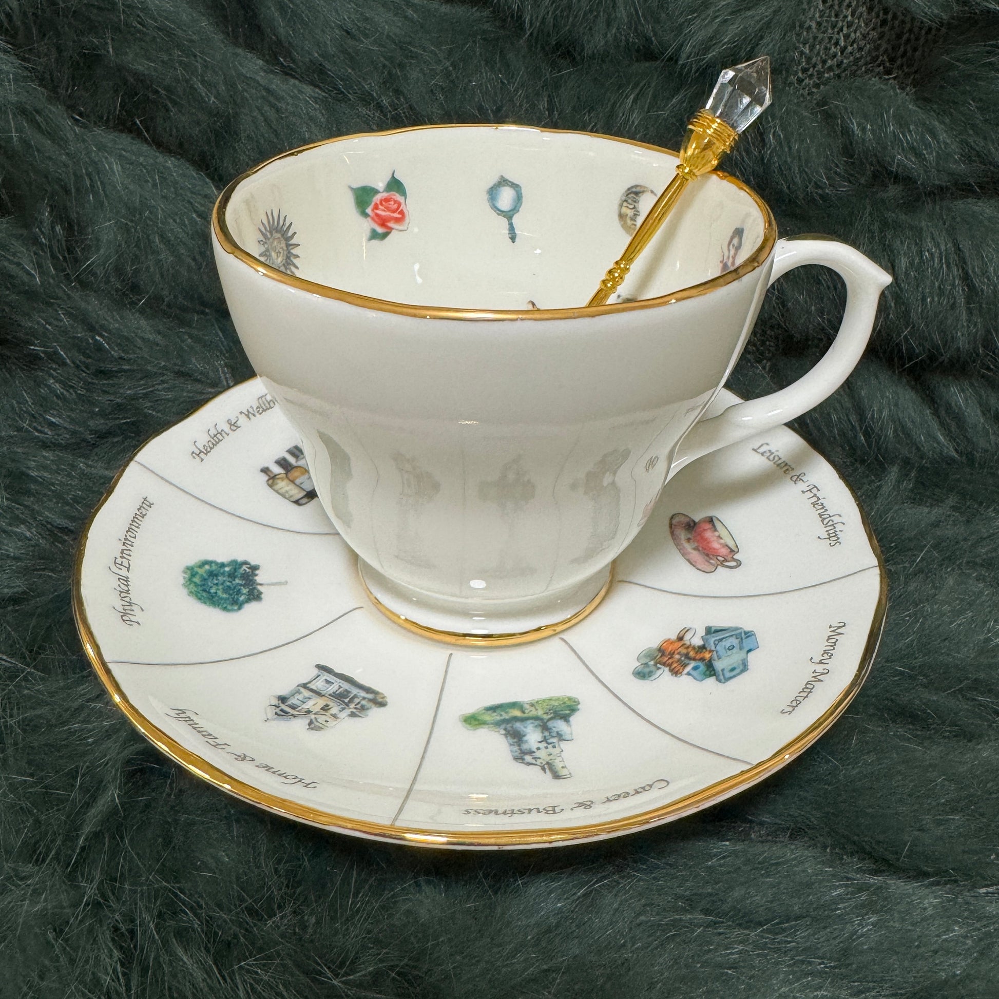 White and gold teacup used for tea leaf reading and fortune telling. This teacup has 32 tea reading symbols inside it. Make your tea and drink it and then read the booklet provided what the tea lands on. Birthday gift for female, mom or friend