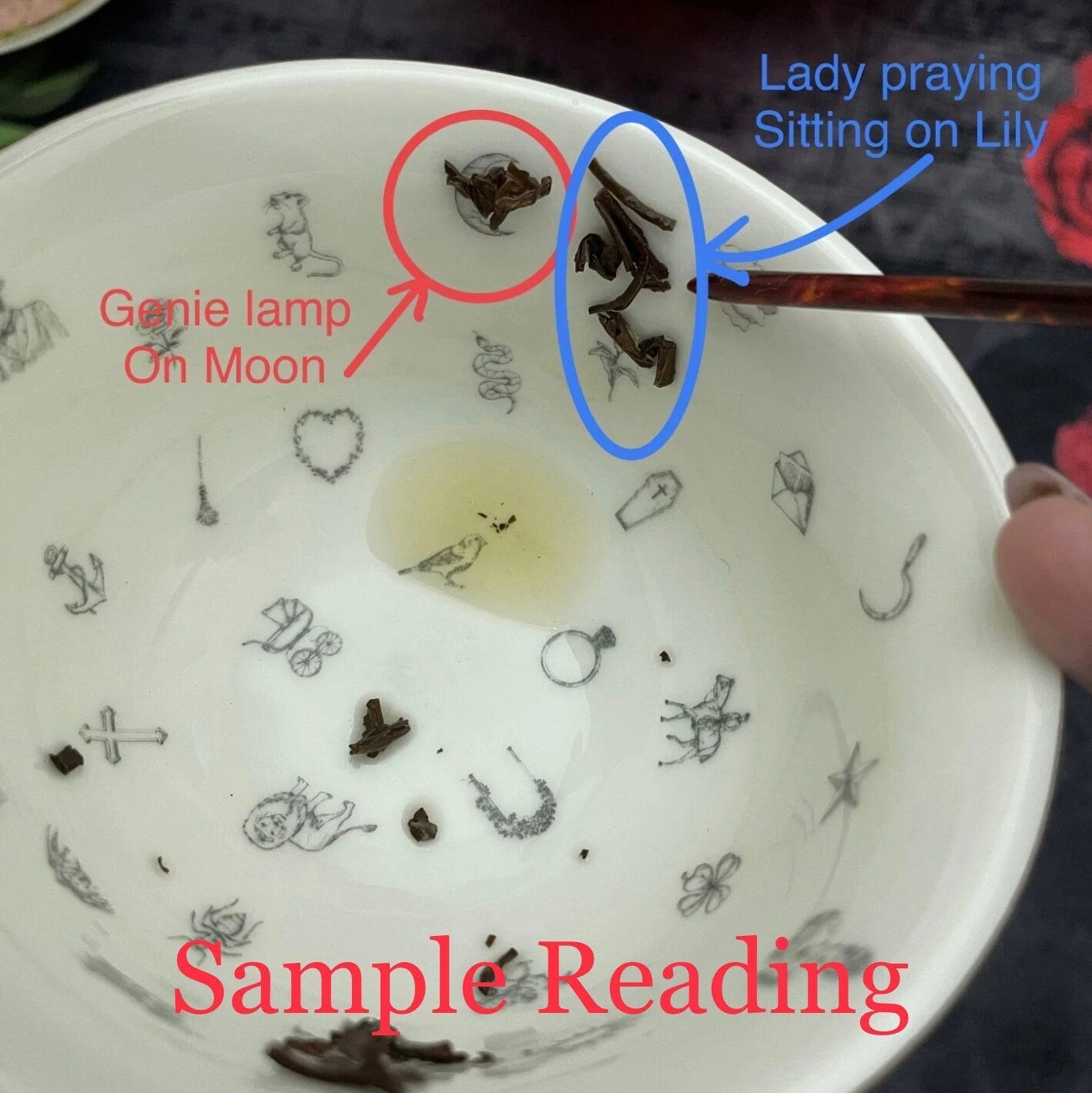 Sample of a tea leaf reading in a fortune teller teacup.
