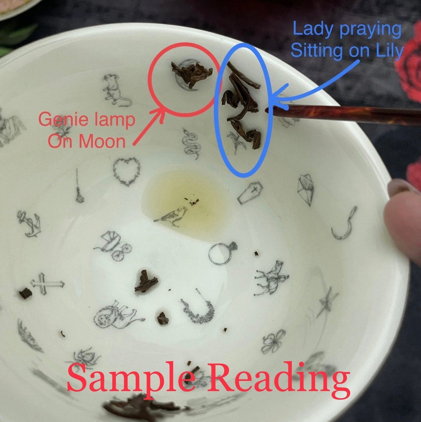 Sample of a tea leaf reading with a cup with 32 classic Tasseography symbols.