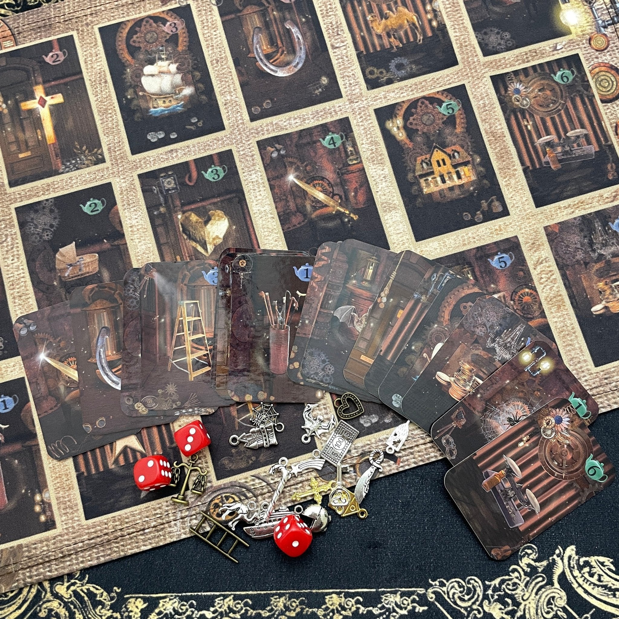 This is a complete divination tool kit all in one. Unique kit based on tea leaf reading symbols. Uses cards, dice, and charms for fortune telling your future. Much more simple than tarot card reading. Comes in tin perfect gift for friend Mom women.